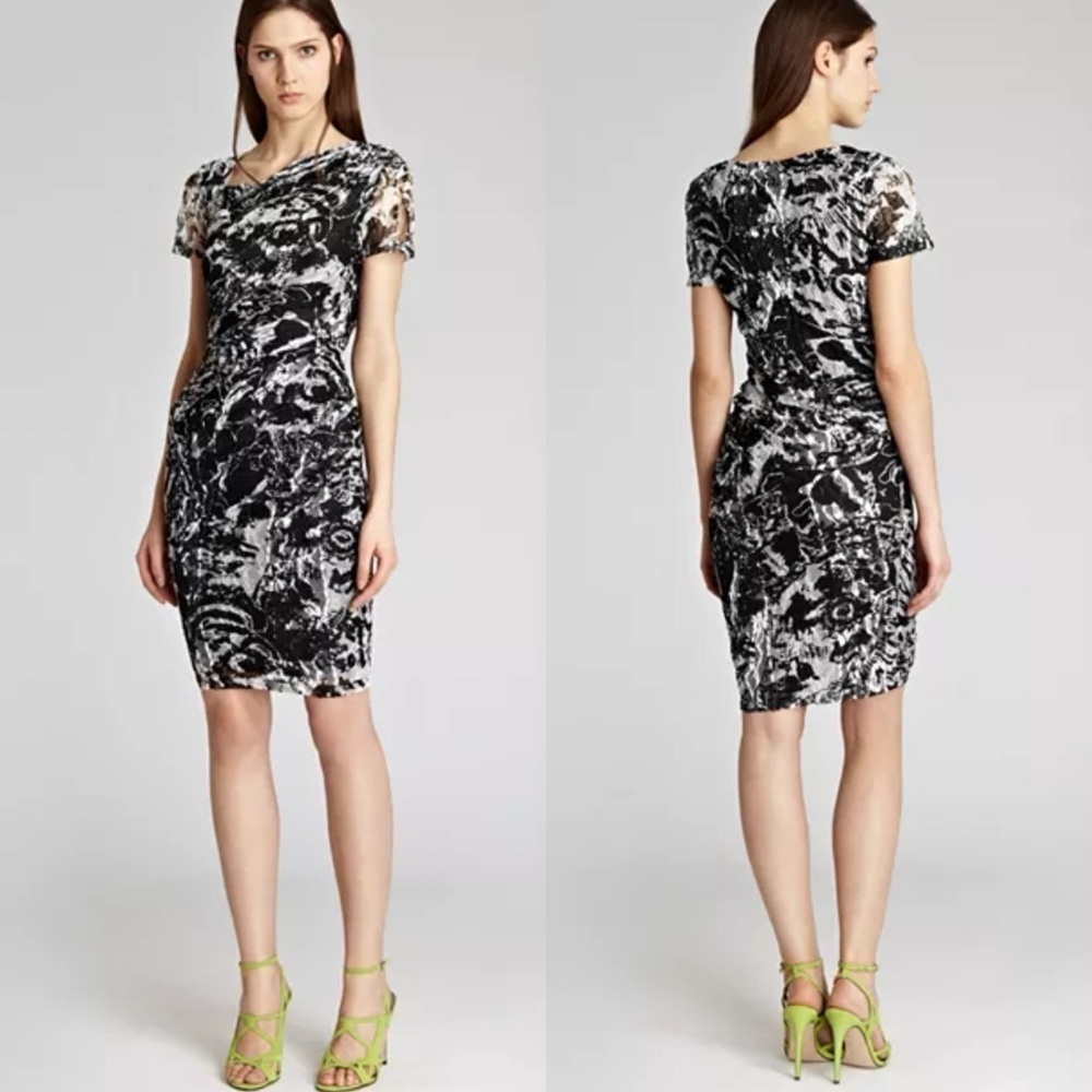 REISS Bodycon Romisa Draped Lace dress Asymmetrical Whimsical Y2K abstract print - Picture 2 of 15